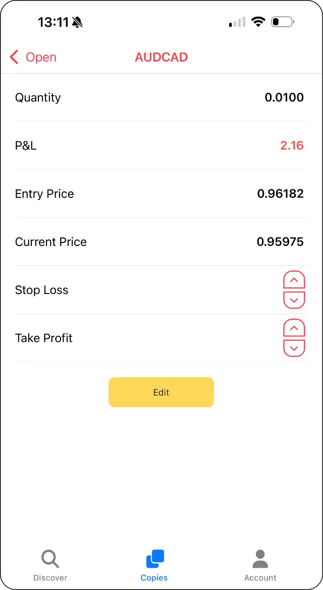 CopyMate stop loss and take profit form