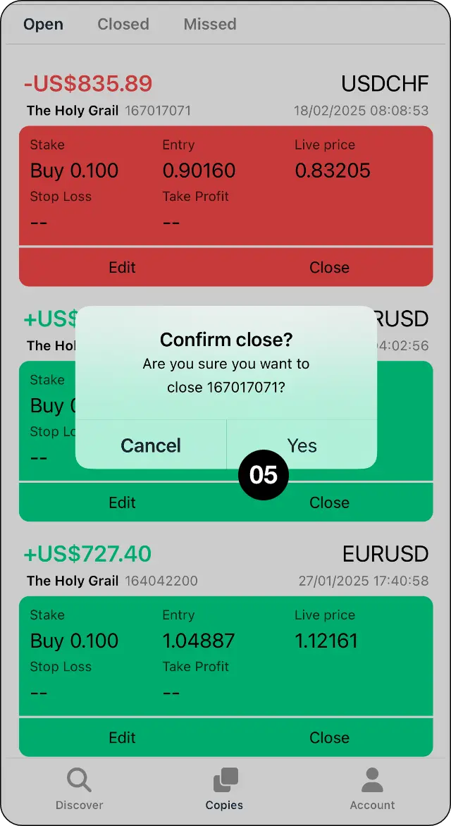 CopyMate close trade confirmation