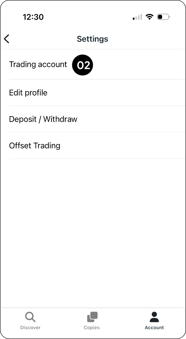 CopyMate trading account menu